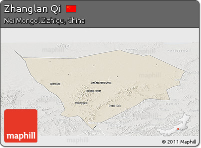 Shaded Relief Panoramic Map of Zhanglan Qi, lighten, semi-desaturated