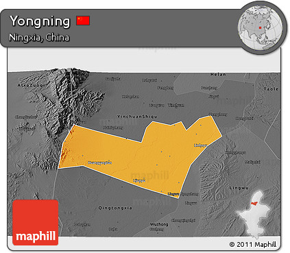 Political 3D Map of Yongning, darken, desaturated