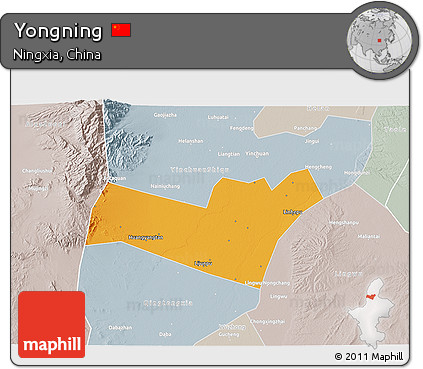 Political 3D Map of Yongning, lighten, semi-desaturated