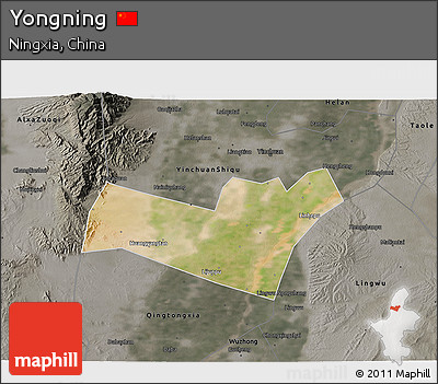 Satellite 3D Map of Yongning, darken, semi-desaturated