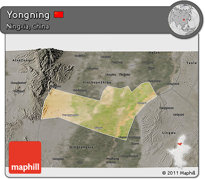 Satellite 3D Map of Yongning, darken, semi-desaturated