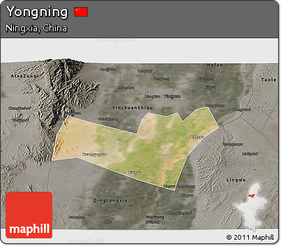 Satellite 3D Map of Yongning, darken, semi-desaturated