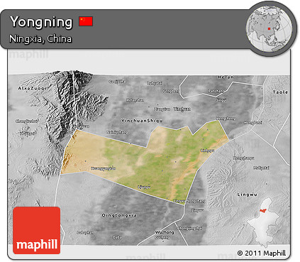 Satellite 3D Map of Yongning, desaturated