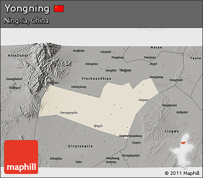 Shaded Relief 3D Map of Yongning, darken, semi-desaturated