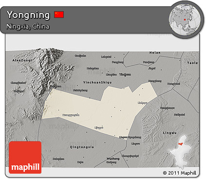 Shaded Relief 3D Map of Yongning, darken, semi-desaturated