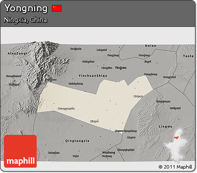 Shaded Relief 3D Map of Yongning, darken, semi-desaturated