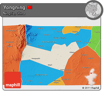 Shaded Relief 3D Map of Yongning, political outside