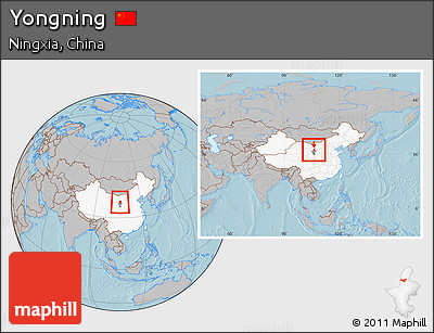 Gray Location Map of Yongning, highlighted country, highlighted parent region, within the entire country, hill shading