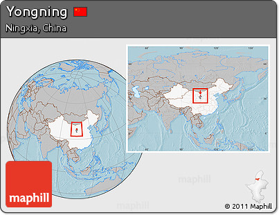 Gray Location Map of Yongning, highlighted country, highlighted parent region, within the entire country, hill shading