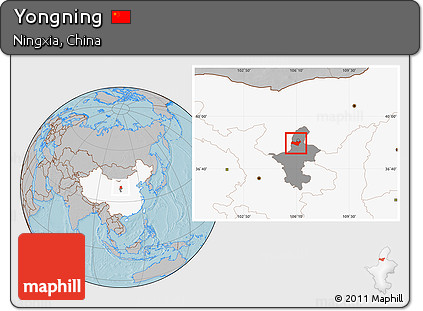 Gray Location Map of Yongning, highlighted country, highlighted parent region, hill shading