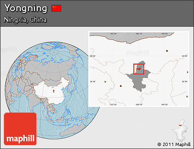 Gray Location Map of Yongning, highlighted country, highlighted parent region, hill shading
