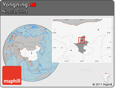 Gray Location Map of Yongning, highlighted country, highlighted parent region, hill shading