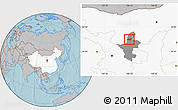 Gray Location Map of Yongning, highlighted country, highlighted parent region, hill shading