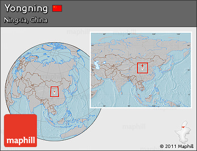 Gray Location Map of Yongning, highlighted parent region, within the entire country, hill shading