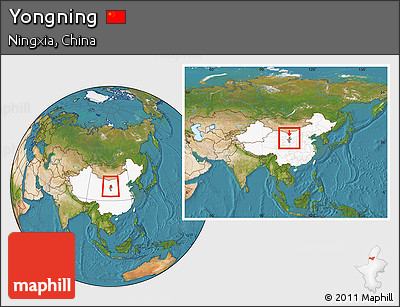 Satellite Location Map of Yongning, highlighted country, highlighted parent region, within the entire country