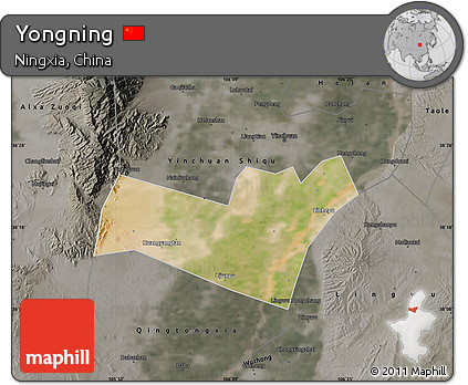 Satellite Map of Yongning, darken, semi-desaturated