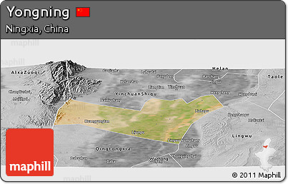 Satellite Panoramic Map of Yongning, desaturated