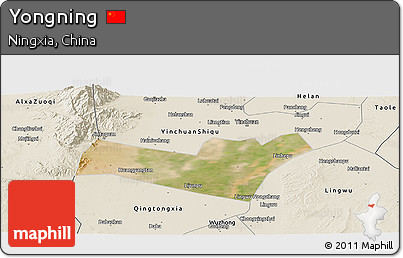 Satellite Panoramic Map of Yongning, shaded relief outside