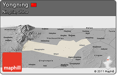 Shaded Relief Panoramic Map of Yongning, darken, desaturated
