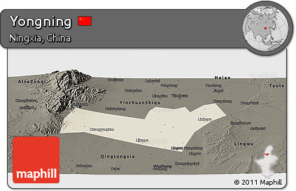 Shaded Relief Panoramic Map of Yongning, darken