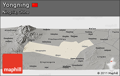 Shaded Relief Panoramic Map of Yongning, darken, semi-desaturated