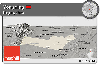 Shaded Relief Panoramic Map of Yongning, darken, semi-desaturated
