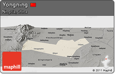 Shaded Relief Panoramic Map of Yongning, darken, semi-desaturated