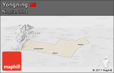 Shaded Relief Panoramic Map of Yongning, lighten, desaturated