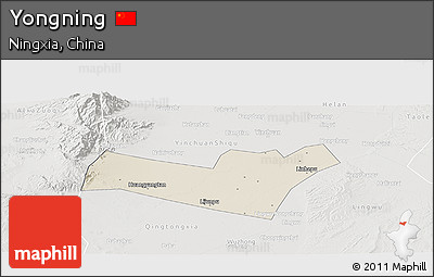 Shaded Relief Panoramic Map of Yongning, lighten, semi-desaturated