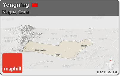 Shaded Relief Panoramic Map of Yongning, lighten, semi-desaturated