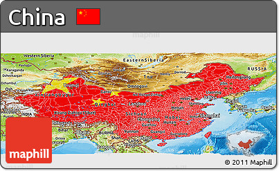 Flag Panoramic Map of China, physical outside, bathymetry sea, flag centered