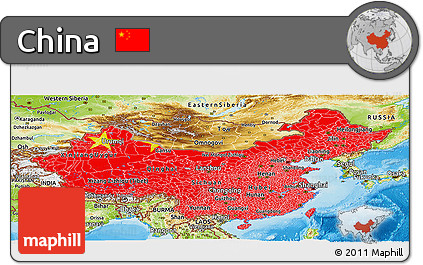 Flag Panoramic Map of China, physical outside, bathymetry sea, flag aligned to the middle