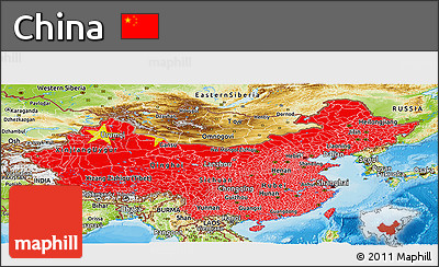 Flag Panoramic Map of China, physical outside, bathymetry sea, flag aligned to the middle