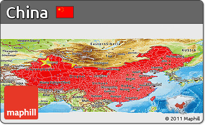 Flag Panoramic Map of China, physical outside, bathymetry sea, flag aligned to the middle