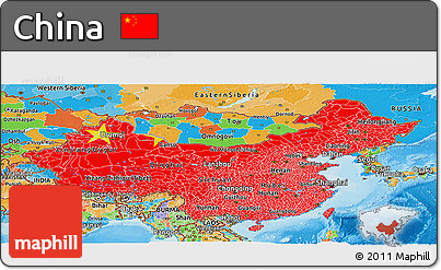 Flag Panoramic Map of China, political outside, flag aligned to the middle