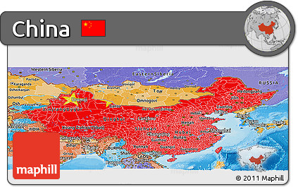 Flag Panoramic Map of China, political shades outside, flag aligned to the middle