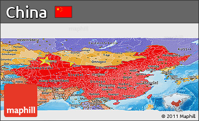Flag Panoramic Map of China, political shades outside, flag aligned to the middle