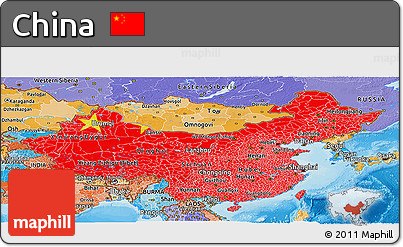 Flag Panoramic Map of China, political shades outside, flag aligned to the middle