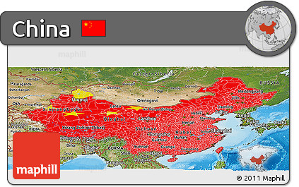 Flag Panoramic Map of China, satellite outside, bathymetry sea, flag rotated