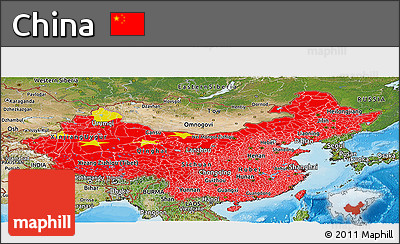Flag Panoramic Map of China, satellite outside, bathymetry sea, flag rotated