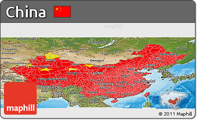 Flag Panoramic Map of China, satellite outside, bathymetry sea, flag rotated