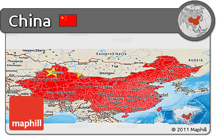 Flag Panoramic Map of China, shaded relief outside, bathymetry sea, flag aligned to the middle