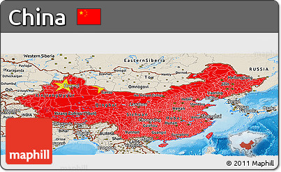 Flag Panoramic Map of China, shaded relief outside, bathymetry sea, flag aligned to the middle