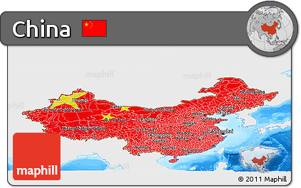 Flag Panoramic Map of China, single color outside, bathymetry sea, flag centered