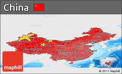 Flag Panoramic Map of China, single color outside, bathymetry sea, flag centered