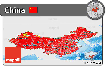 Flag Panoramic Map of China, single color outside, bathymetry sea, shaded relief sea, flag aligned to the middle