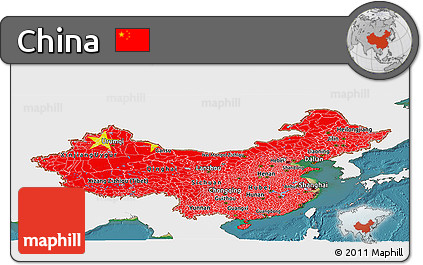 Flag Panoramic Map of China, single color outside, satellite sea, flag aligned to the middle