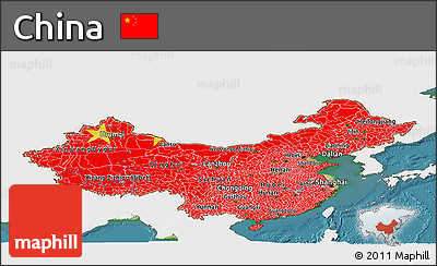 Flag Panoramic Map of China, single color outside, satellite sea, flag aligned to the middle