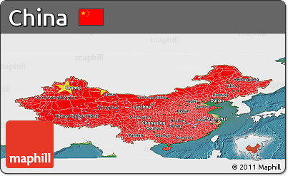 Flag Panoramic Map of China, single color outside, satellite sea, flag aligned to the middle