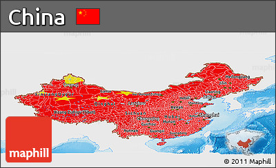 Flag Panoramic Map of China, single color outside, shaded relief sea, flag rotated